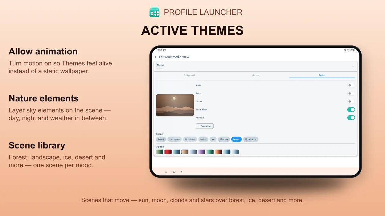 Active nature themes — animated sun, moon, clouds, and stars over living scenes