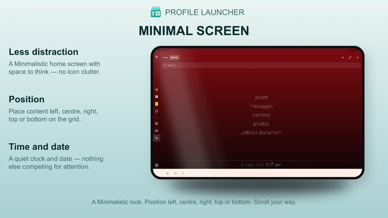 Minimal screen — a clean typographic list with clock, date, and Search instead of a crowded icon grid